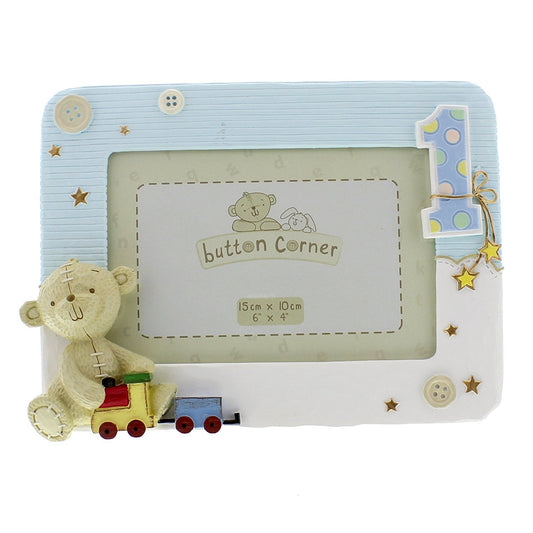 Button Corner 1st Birthday Blue Resin Photo Frame with Teddy