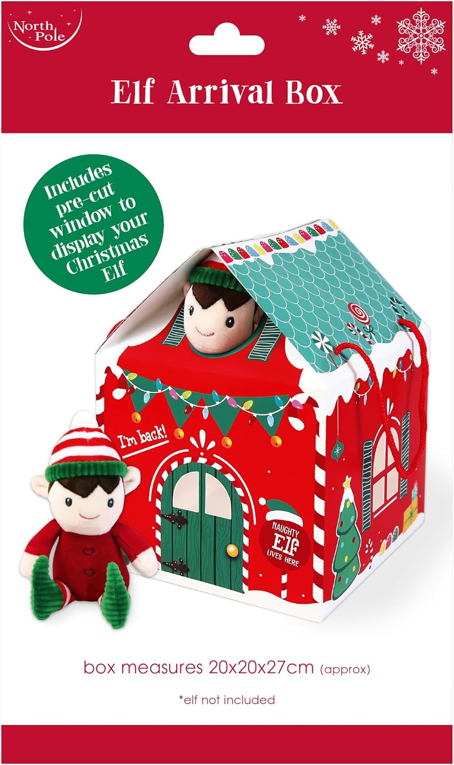 Christmas Elf House with Cut-Out Windows, Roof & Door Openings – Festive Red & Green (Elf Not Included)