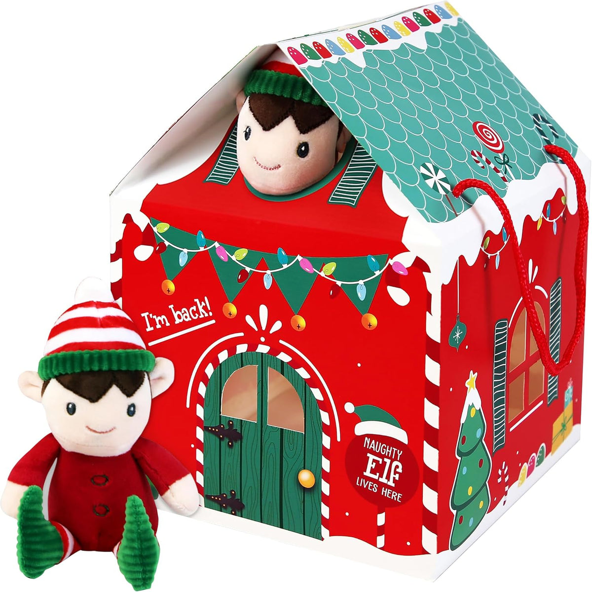 Christmas Elf House with Cut-Out Windows, Roof & Door Openings – Festive Red & Green (Elf Not Included)