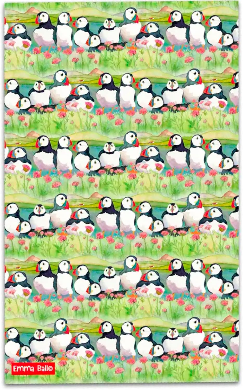Cotton Tea Towel Printed in The UK Puffins and Sea Thrift by Emma Ball