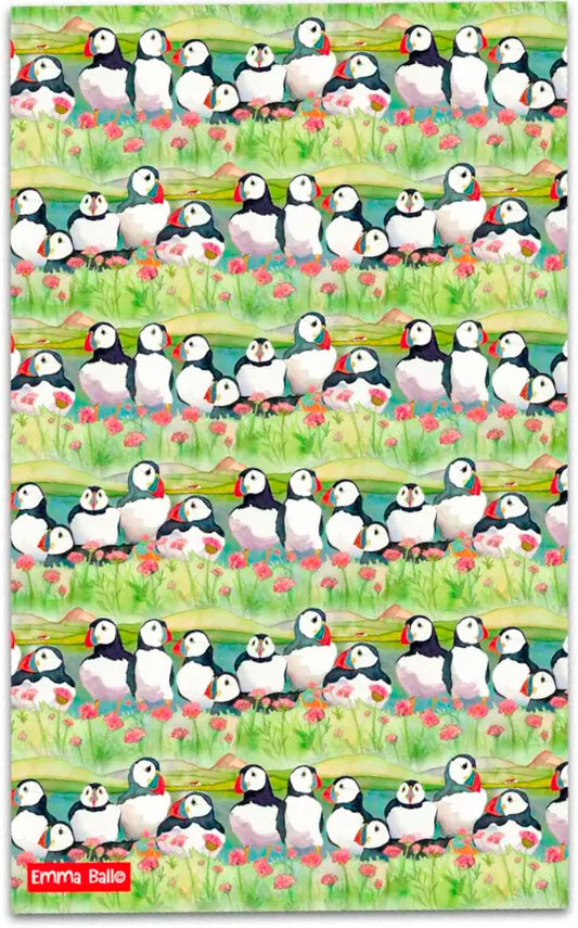 Cotton Tea Towel Printed in The UK Puffins and Sea Thrift by Emma Ball
