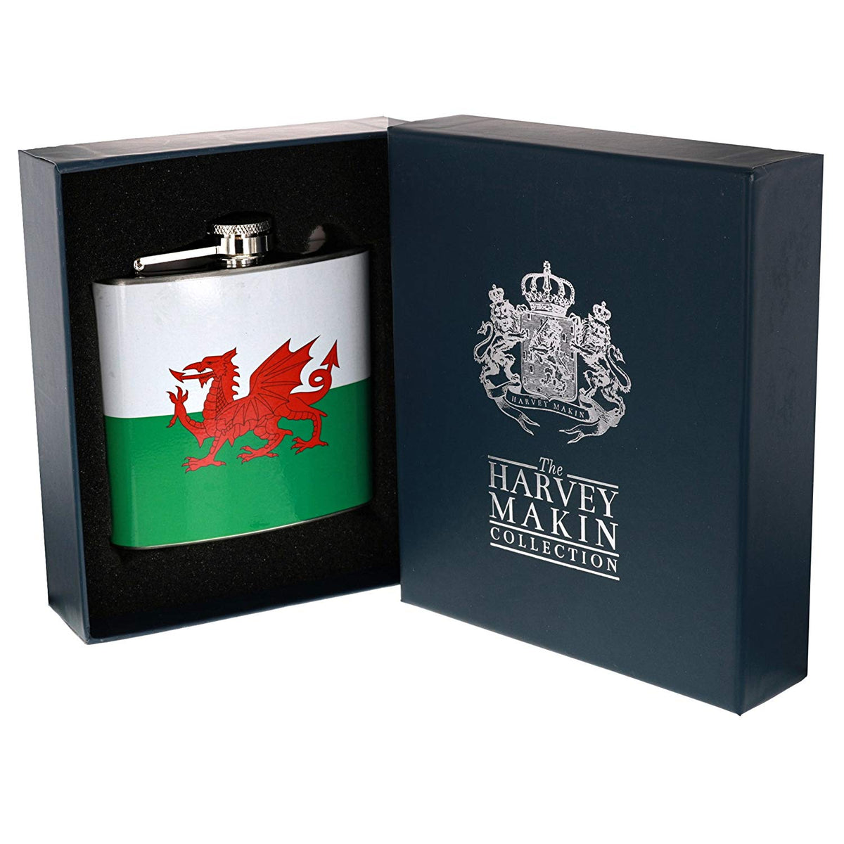 Stainless steel hip flask in a gift box with Welsh flag dragon graphic