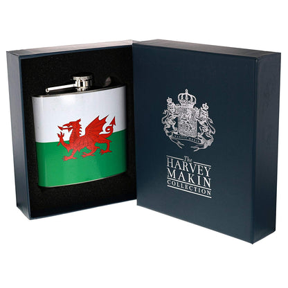Stainless steel hip flask in a gift box with Welsh flag dragon graphic