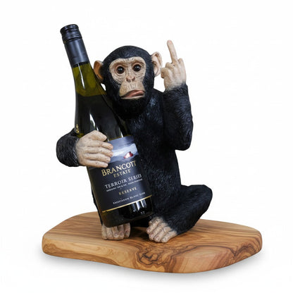 Black Up Yours Monkey Wine Bottle Holder with Heart Shaped Olive Wood Board