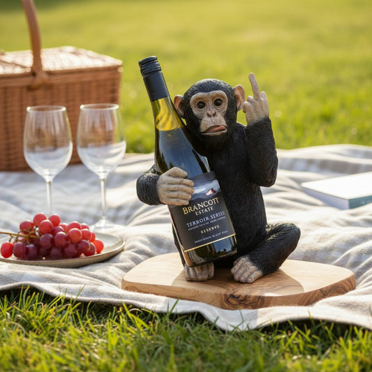 Black Up Yours Monkey Wine Bottle Holder with Heart Shaped Olive Wood Board
