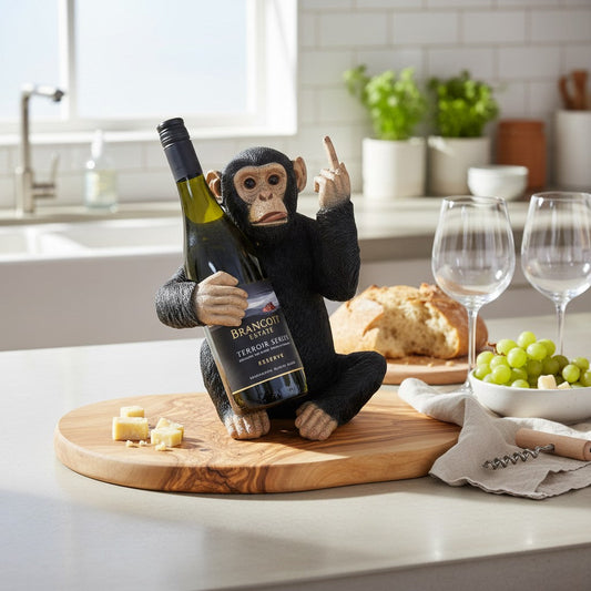 Black Up Yours Monkey Wine Bottle Holder with Heart Shaped Olive Wood Board