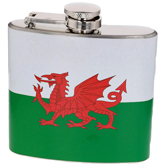 Stainless steel hip flask with Welsh flag dragon graphic and screw cap