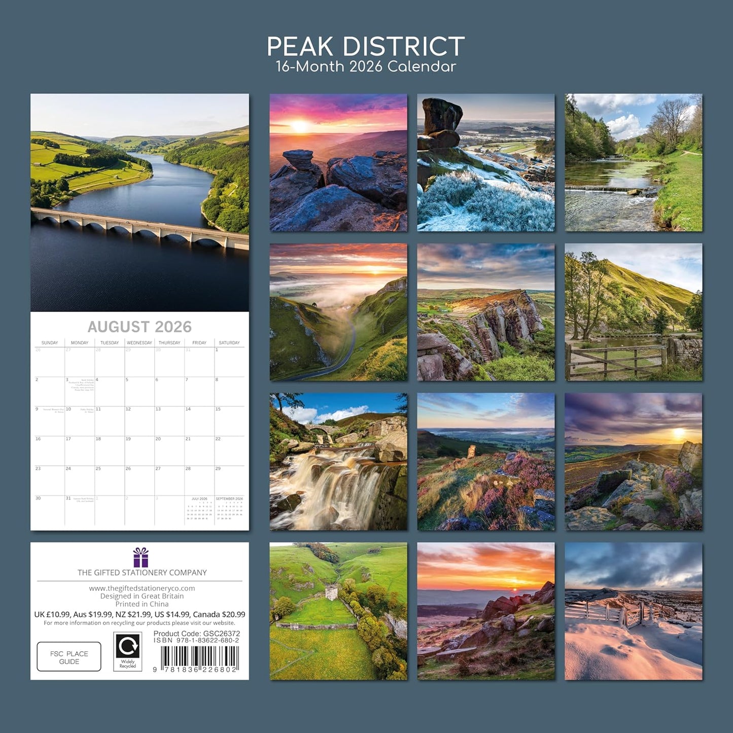 Peak District 2026 Square Wall Calendar, 16-Month Scenic Britain Theme