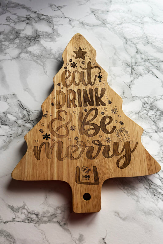 Eat Drink & Be Merry Rubberwood Xmas Tree Shaped Serving Board / Platter