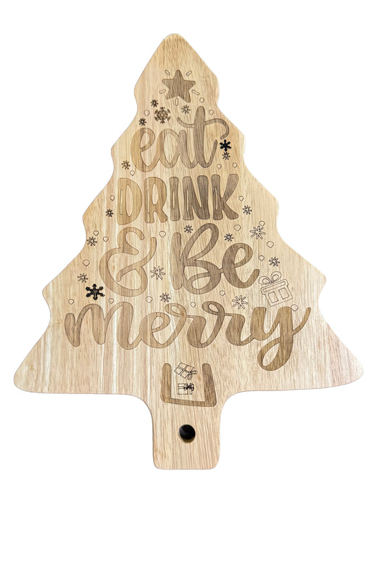 Eat Drink & Be Merry Rubberwood Xmas Tree Shaped Serving Board / Platter