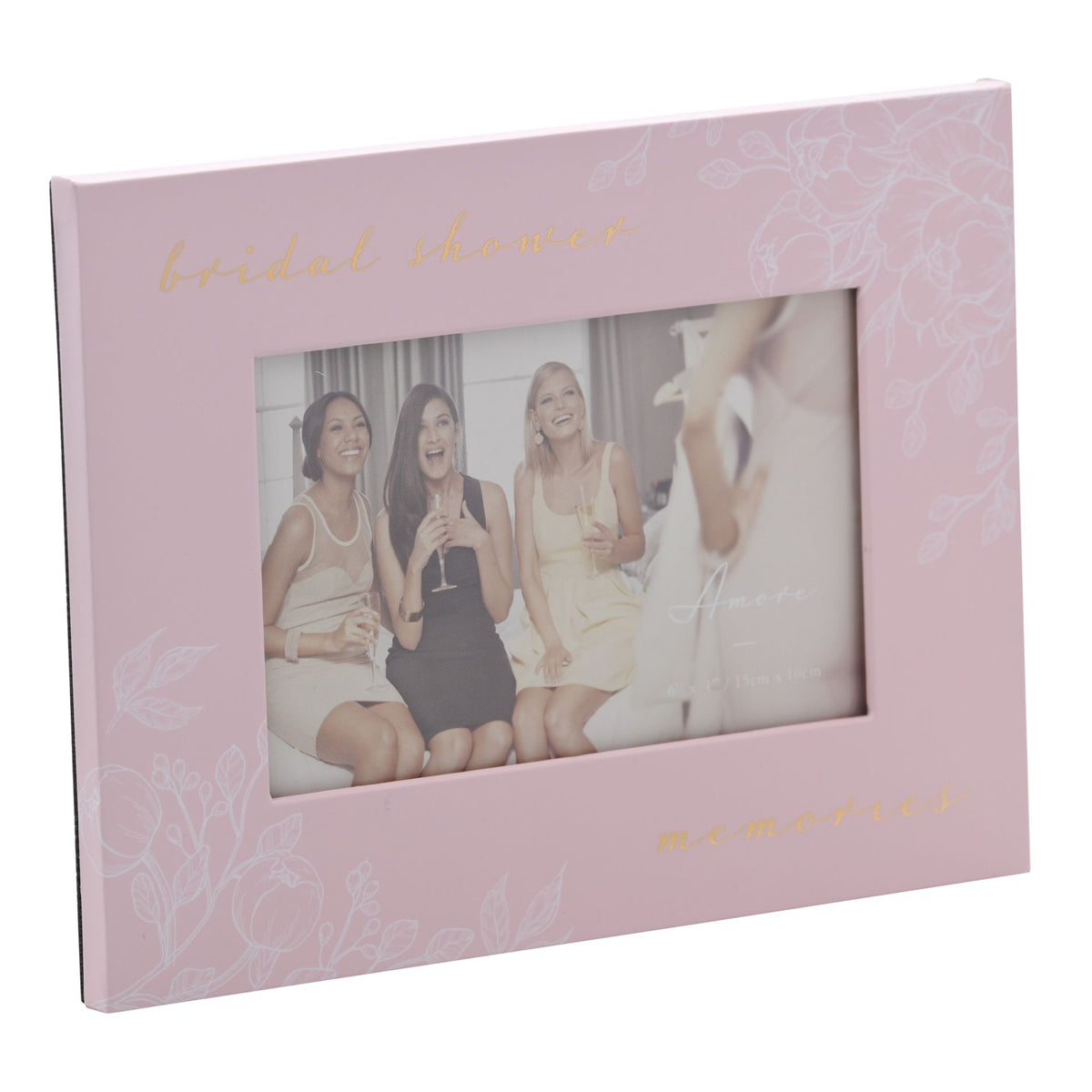 Pink bridal shower photo frame, floral pattern, window with 'memories' text