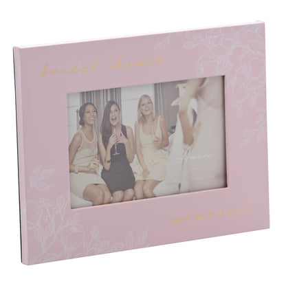 Pink bridal shower photo frame, floral pattern, window with 'memories' text