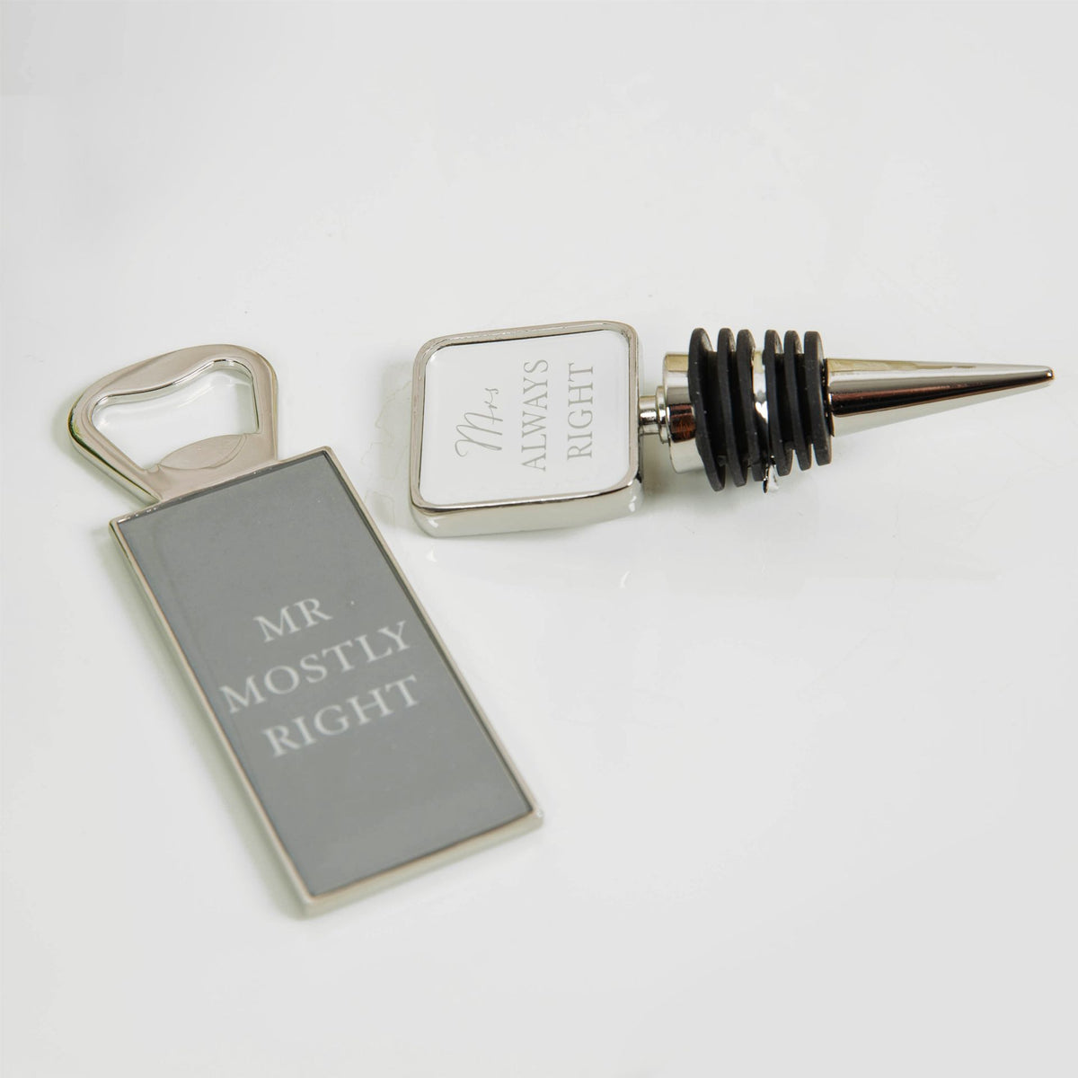 Bottle stop and opener set with 'Mr Mostly Right' and 'Mrs Always Right' stoppers