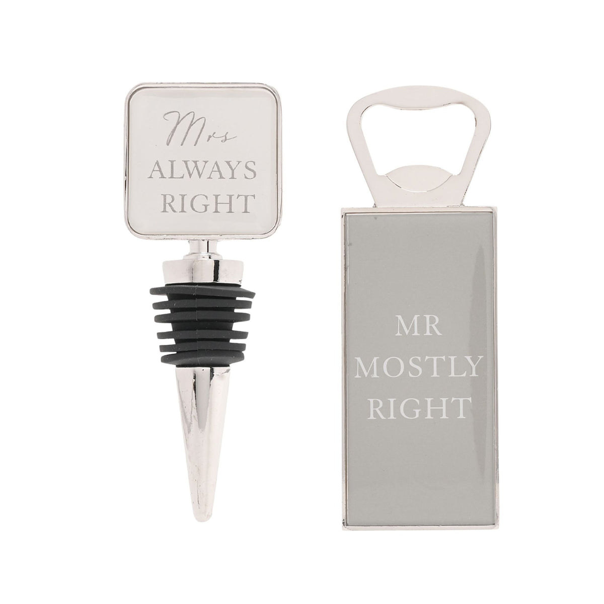 Pair of bottle stoppers with square labels: 'Mrs Always Right' and 'Mr Mostly Right'