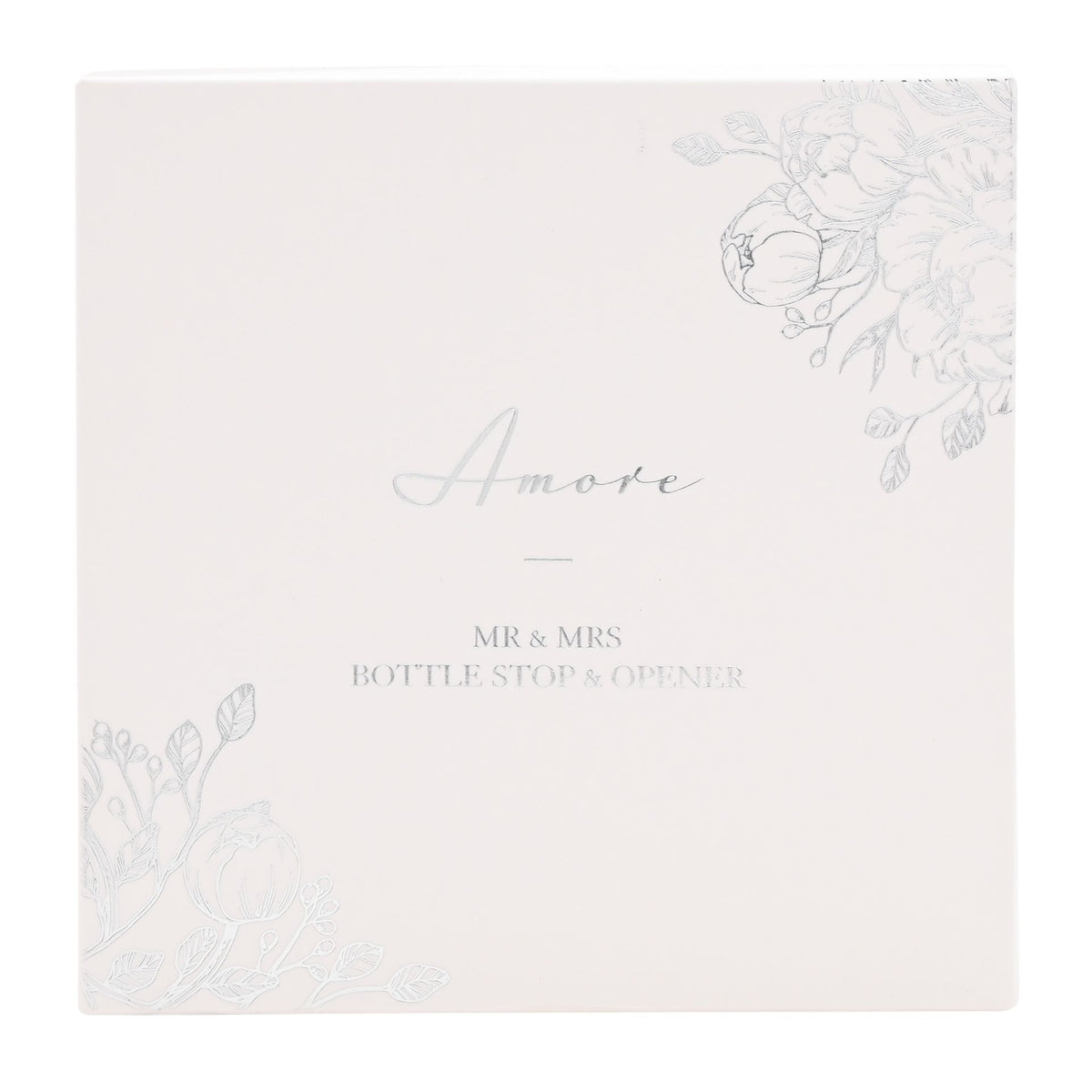 Bottle stop and opener set box with 'Mr & Mrs' text and floral design