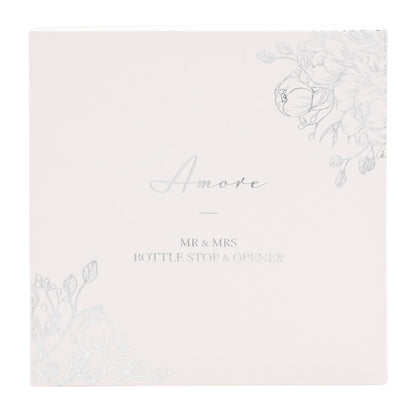Bottle stop and opener set box with 'Mr & Mrs' text and floral design