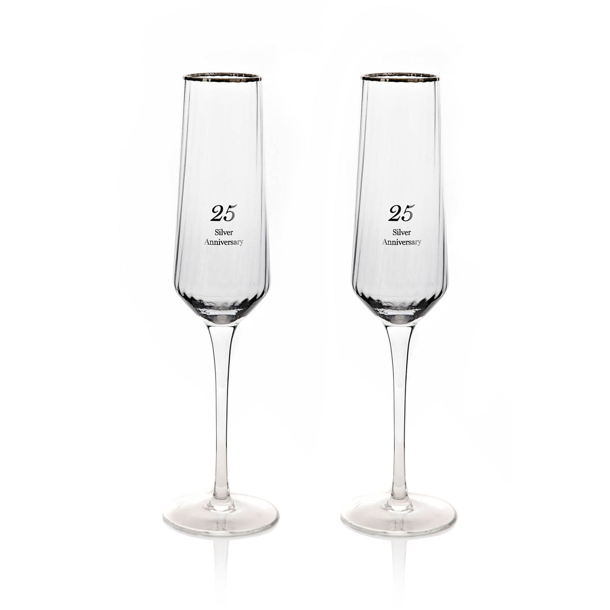 Pair of 25th Anniversary flute champagne glasses, clear tall glasses etched with 25