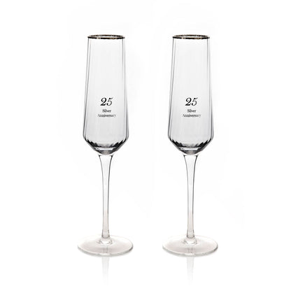 Pair of 25th Anniversary flute champagne glasses, clear tall glasses etched with 25