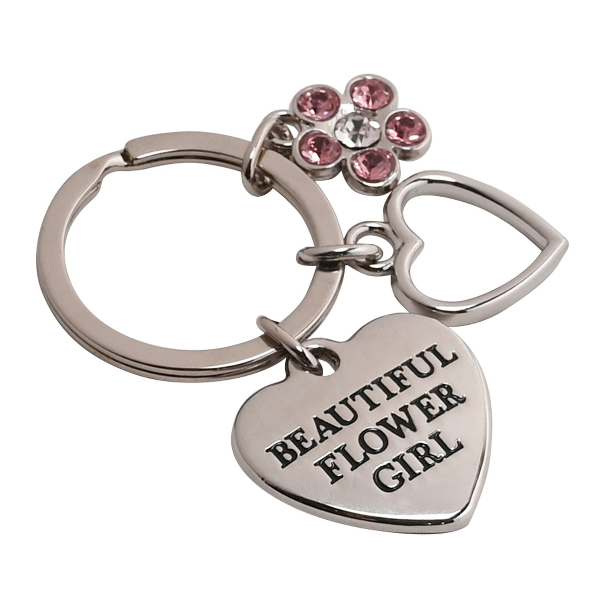 Heart keyring charm BEAUTIFUL FLOWER GIRL with pink rhinestone flower