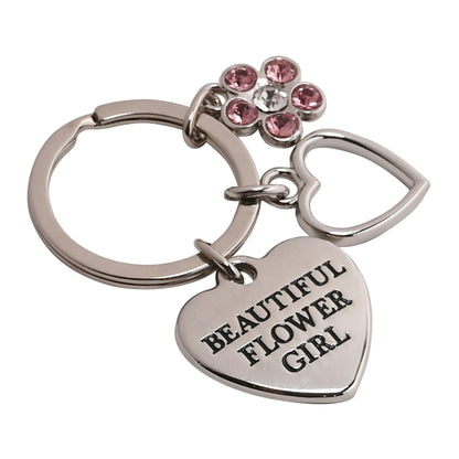 Heart keyring charm BEAUTIFUL FLOWER GIRL with pink rhinestone flower