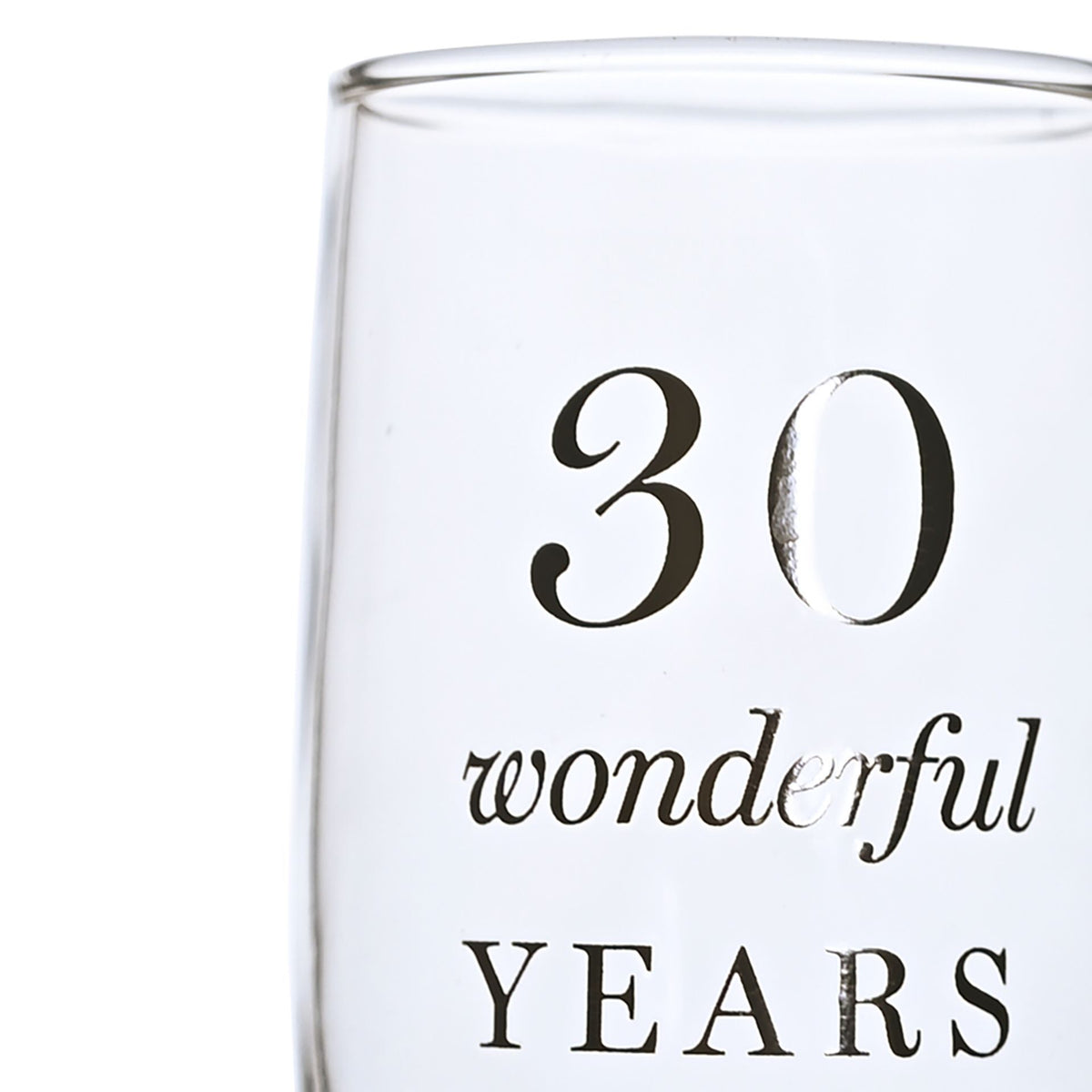 Close-up champagne flute with '30 wonderful YEARS' decorative anniversary text