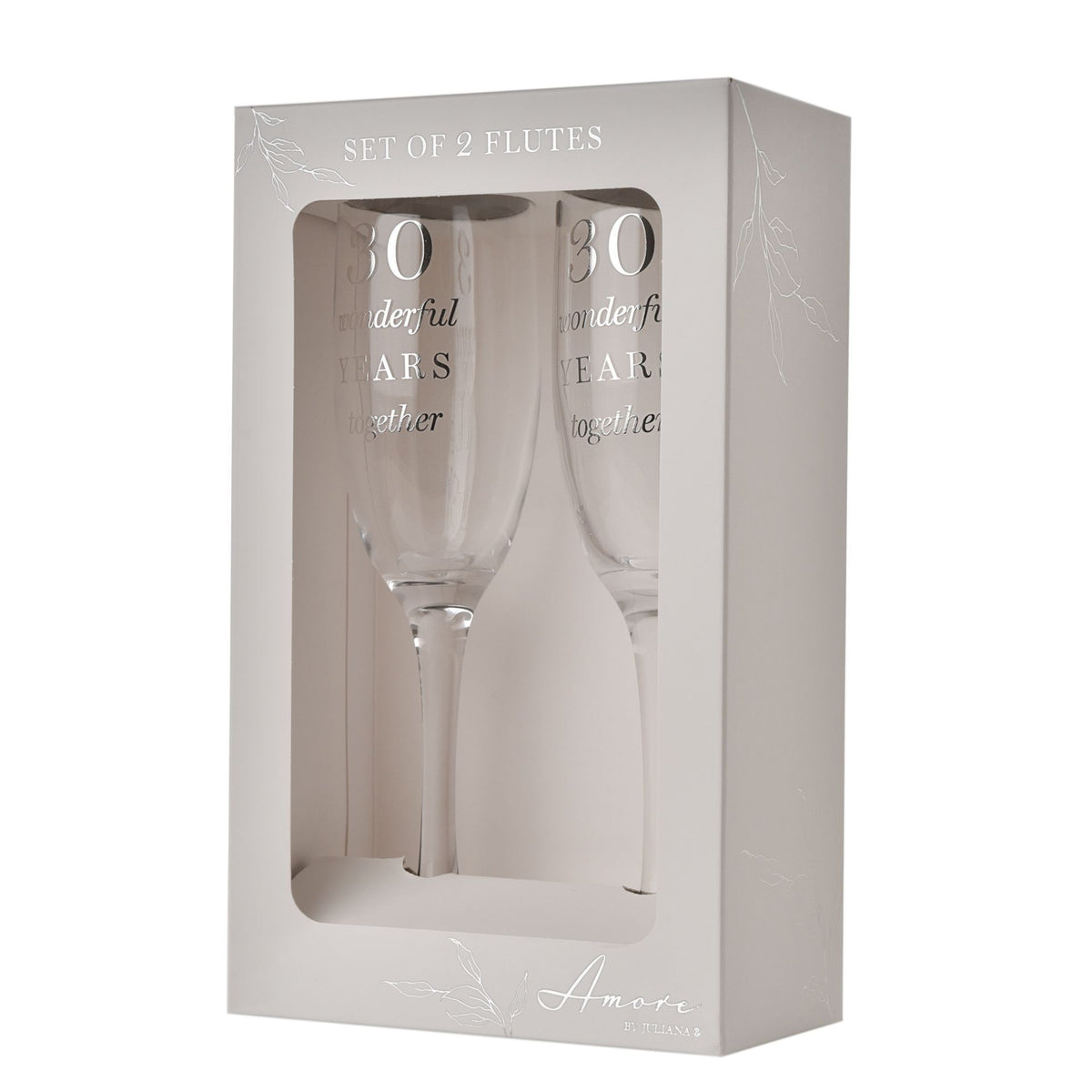 Gift box containing set of 2 champagne flutes with '30 wonderful years together' print