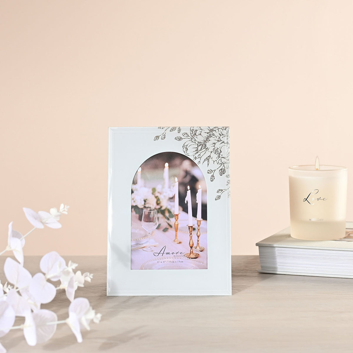 White arched 4x6 photo frame with gold floral details, front view