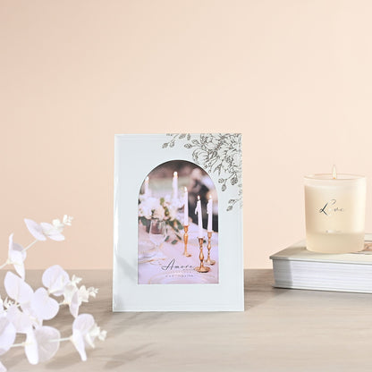 White arched 4x6 photo frame with gold floral details, front view