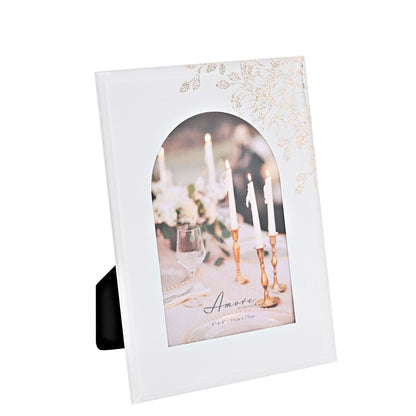 White 4x6 photo frame with arched glass window and gold floral top trim
