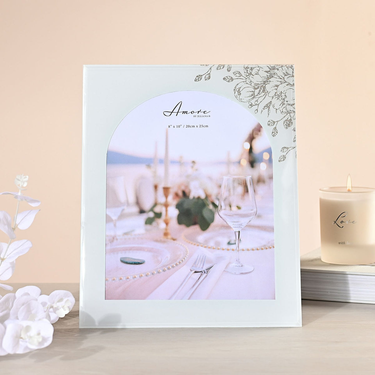 White arch glass photo frame with floral corner trim and arch photo opening
