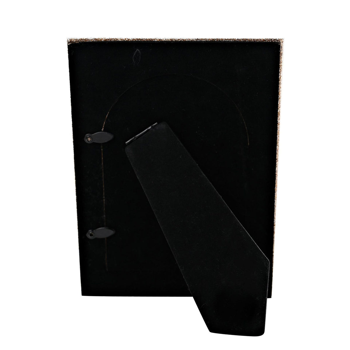 White arch glass photo frame back with black backing and foldout stand