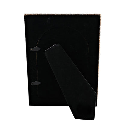 White arch glass photo frame back with black backing and foldout stand