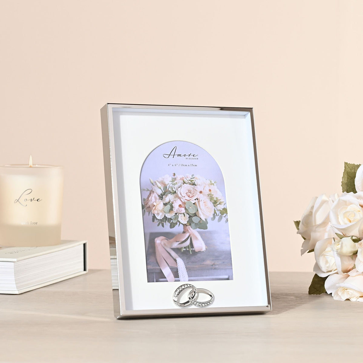 Box arch photo frame with rings, silver-tone frame and glass front, 4" x 6"