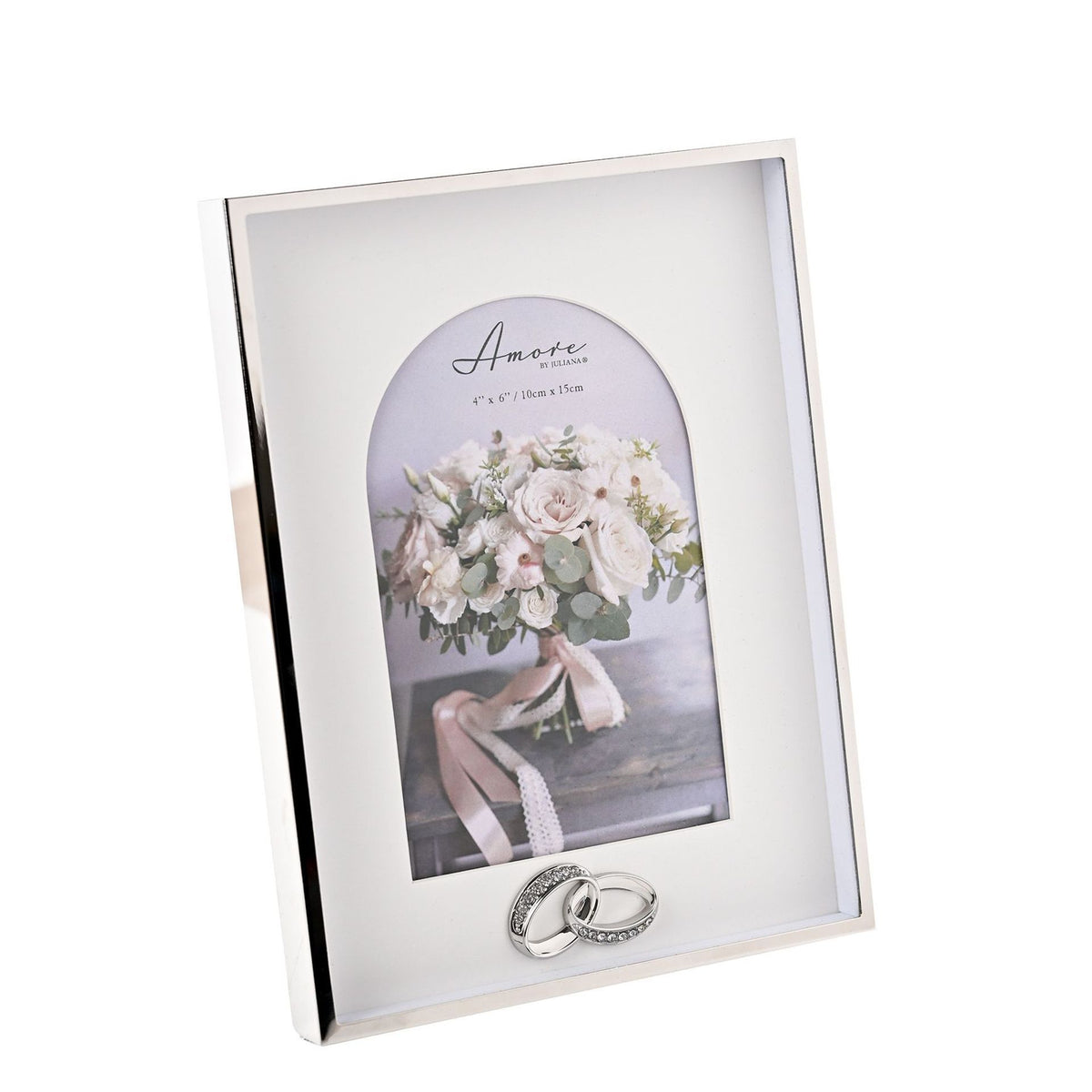 Box arch photo frame with rings, angled view of white mat and arched insert, 4" x 6"