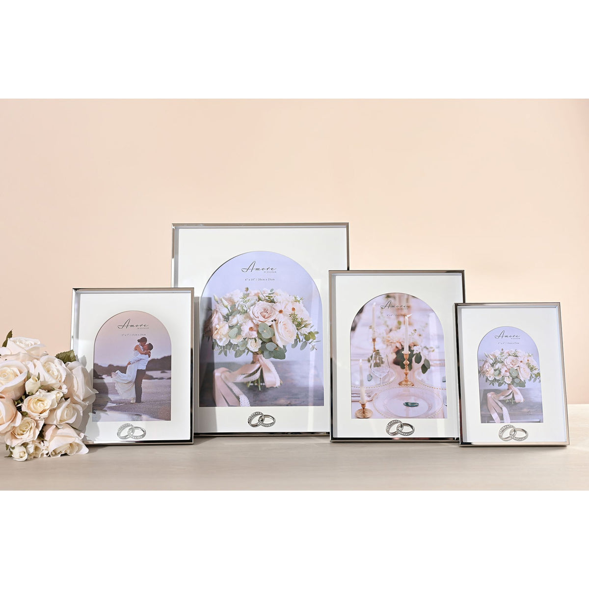 Set of box arch photo frames with rings, multiple sizes, arched front with floral insert