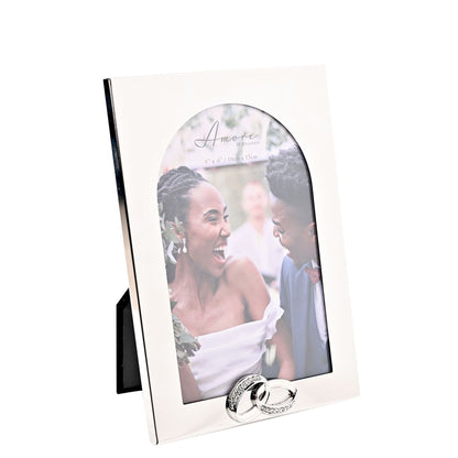 Arch photo frame with silver-tone rings, angled front display