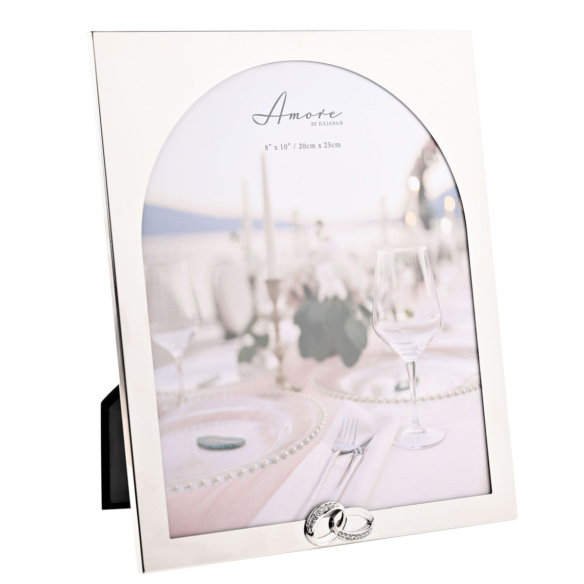 White arch photo frame with silver ring ornament at bottom, front view