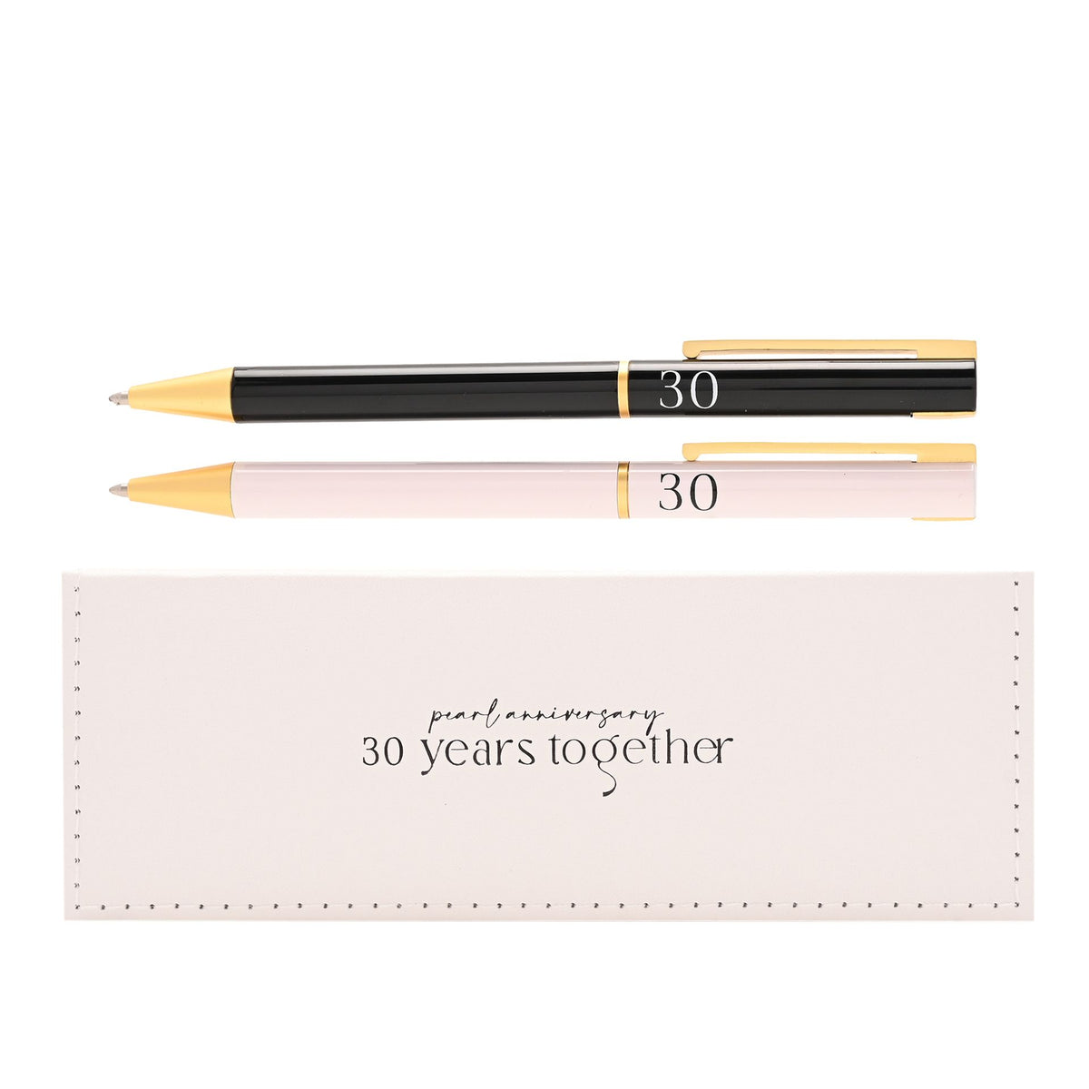 Pair of pens, black and light pink, with gold rings and '30' marking