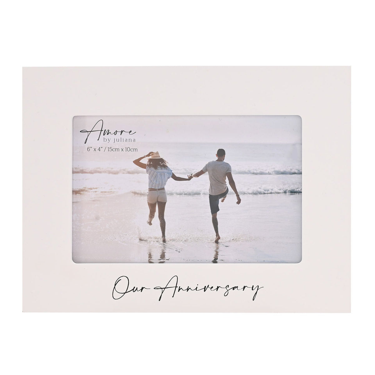 White 6x4 anniversary photo frame with rectangular photo window and 'Our Anniversary' script