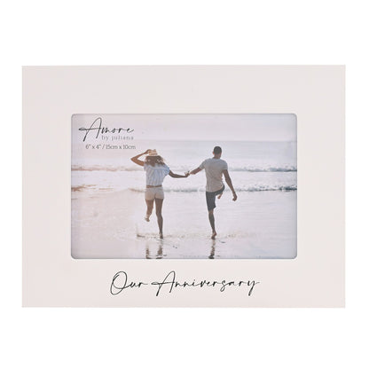 White 6x4 anniversary photo frame with rectangular photo window and 'Our Anniversary' script