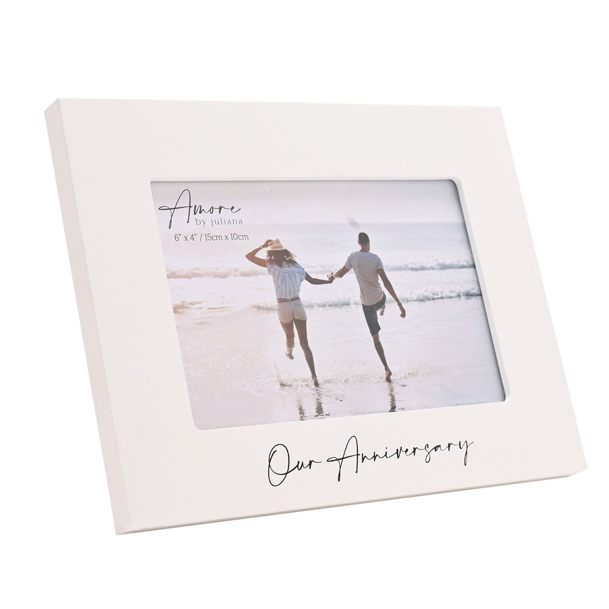 White 6x4 anniversary photo frame angled, featuring beach couple photo and 'Our Anniversary' text