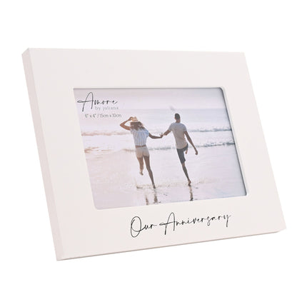 White 6x4 anniversary photo frame angled, featuring beach couple photo and 'Our Anniversary' text