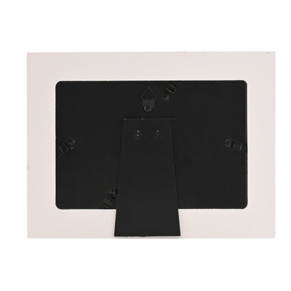 Back of white 6x4 photo frame with hanging stand and mounting tabs