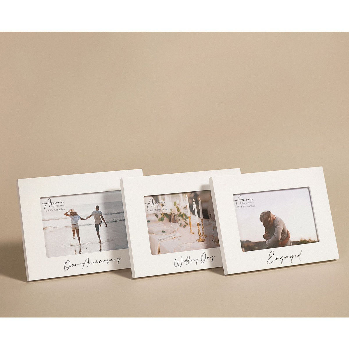 Set of three white 6x4 anniversary photo frames, each with a different couple photo