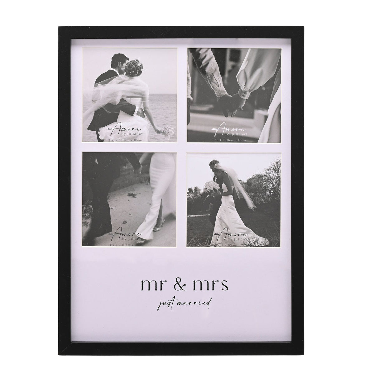 Black multi-aperture photo frame with four black-and-white photos and 'mr & mrs' text