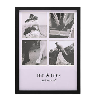 Black multi-aperture photo frame with four black-and-white photos and 'mr & mrs' text