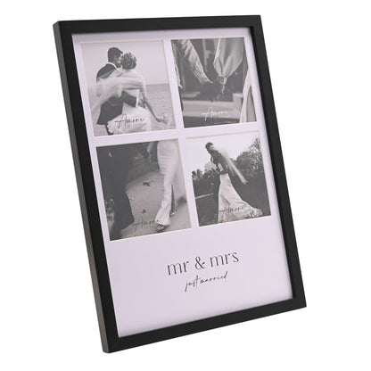 Black multi-aperture photo frame with four photo openings and 'mr & mrs' script