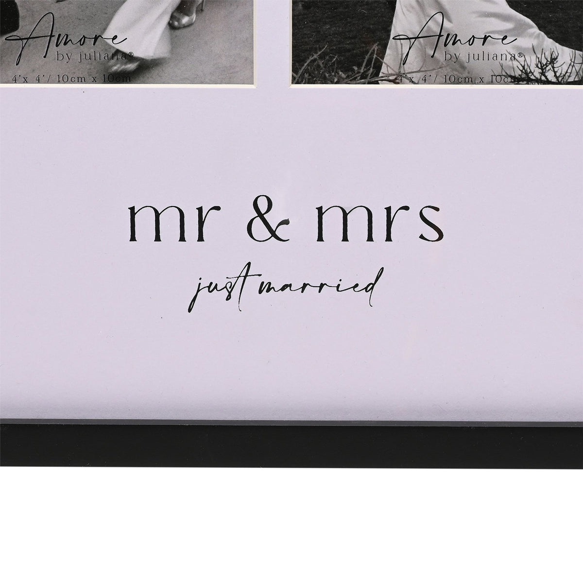 Close-up of 'mr & mrs' lettering on a white mat inside a black photo frame