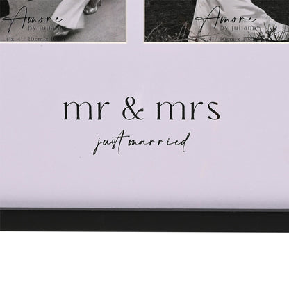 Close-up of 'mr & mrs' lettering on a white mat inside a black photo frame