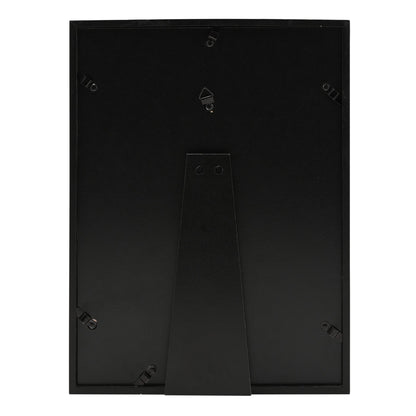 Back of a black photo frame with hanging hook and support tabs
